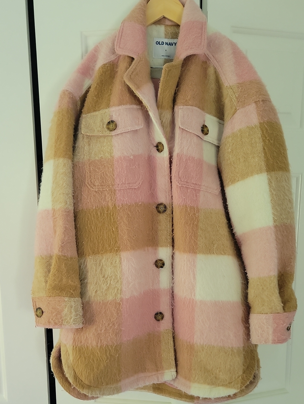 Old Navy Pink, Tan & Cream Plaid Teddy Shacket